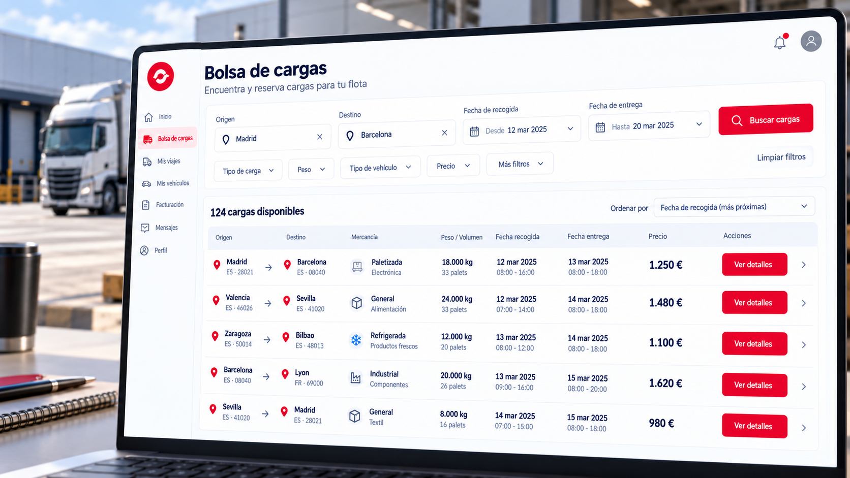 Vista principal de Bolsa de cargas – Transportista en Powerload