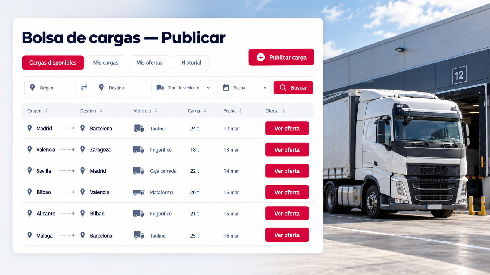 Vista principal de Bolsa de cargas — Publicar en Powerload